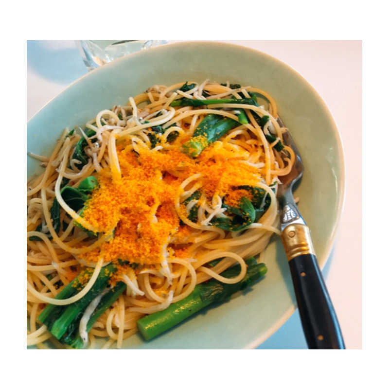 菜の花とシラスのペペロンチーノ カラスミ添え(田園調布シークレットパスタ会)