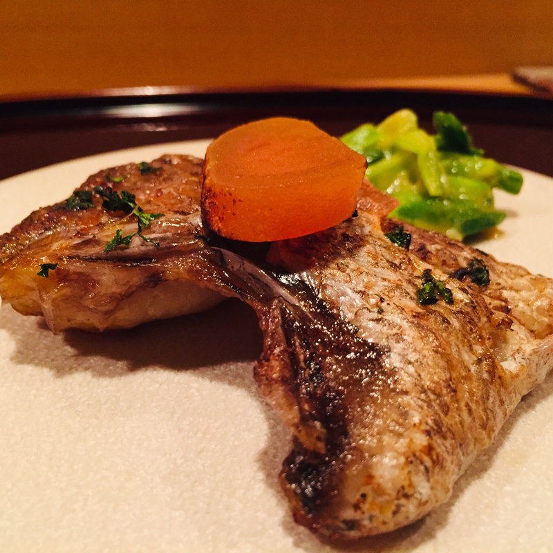 ノドグロと江戸前唐墨の炭火焼きw/庄内あさつきの酢味噌和え(料理 澤)