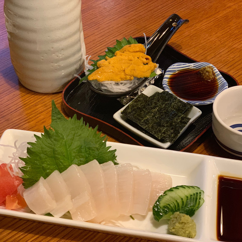 貝柱の刺身 雲丹と焼き海苔(炉ばた一心太助)