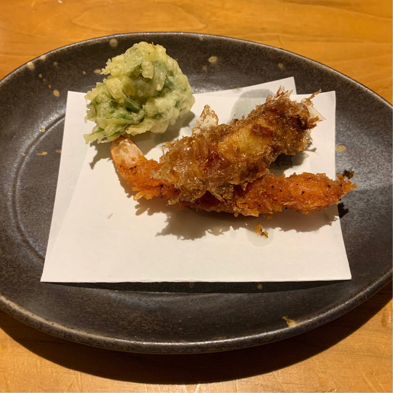 7000円コース 海老衣揚げ、筍土佐揚げ、たらの芽白扇揚げ(個室・炉端料理  かこいや  銀座7丁目店)