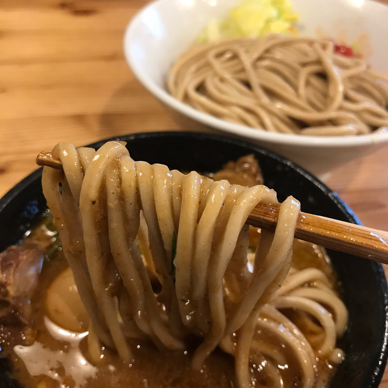 海老トマトつけ麺 肉増し+味玉(らーめん いつ樹 本店)