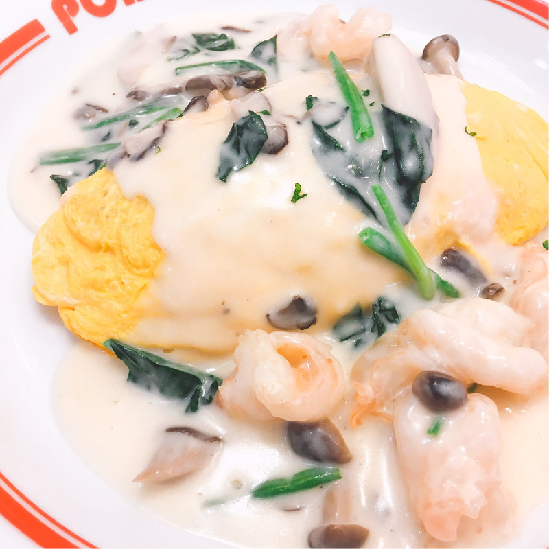 エビとキノコとほうれん草のクリームソースオムライス(ss)(ポムの樹 宇都宮インターパークビレッジ店)