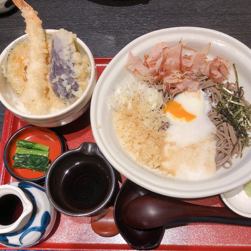 冷し月見山かけそばと大海老天丼の定食(SOBA DINING 結月庵そじ坊 ららぽーとEXPOCITY店)
