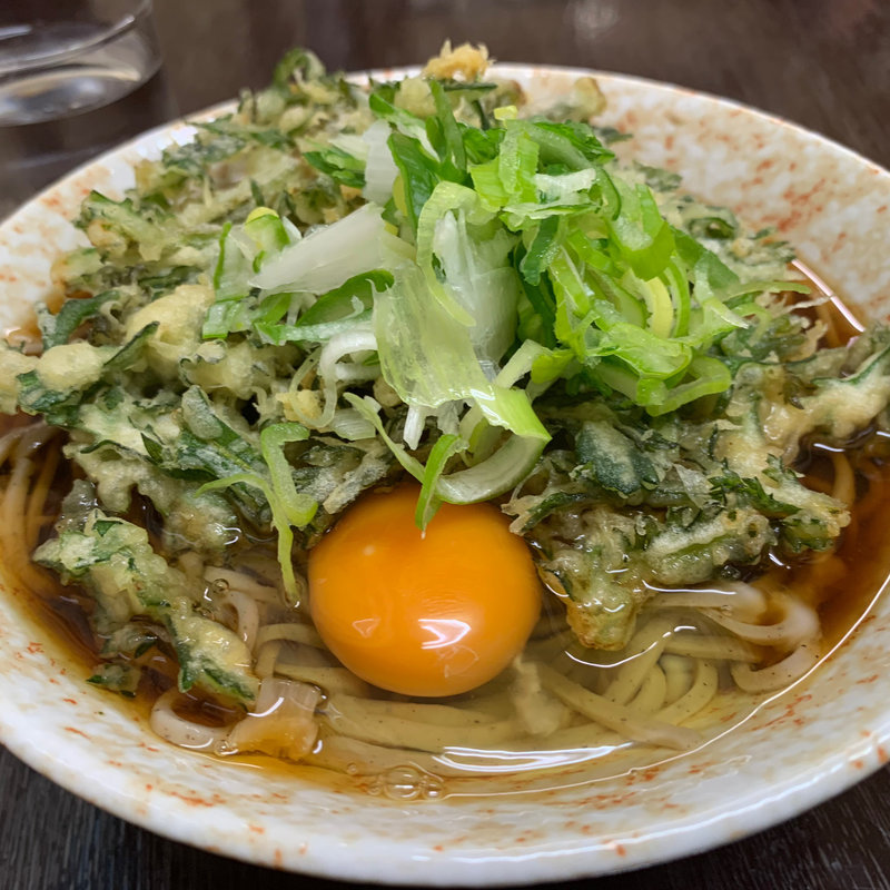 春菊天そば、生卵(釜家 )