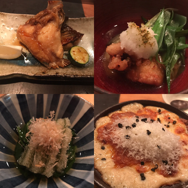 子持ち昆布とモロヘイヤお浸し 鱧と丸茄子の揚げ出し 平政とスズキのカマバター醤油焼き 海老とアスパラヤングコーンのグラタン(本店 並木橋 なかむら)