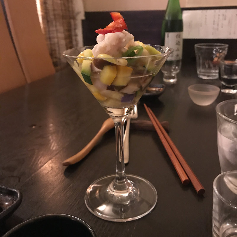 鱧の湯引きと煮浸し野菜(善吉醸し屋)