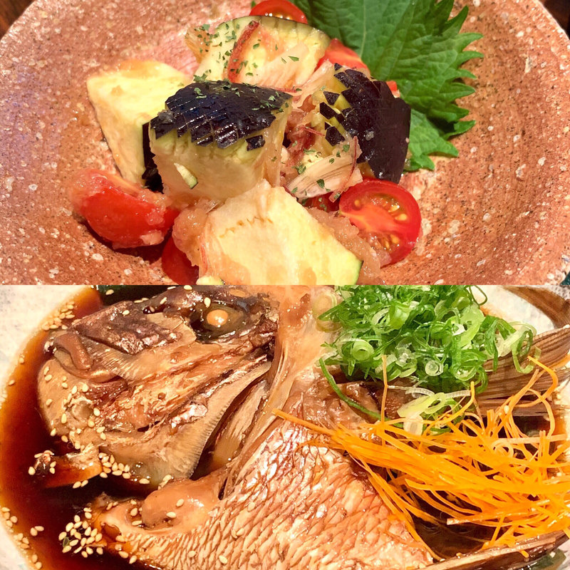 真鯛のあら炊き/水ナスとトマトの茗荷和え(日本酒と魚 くらよし)