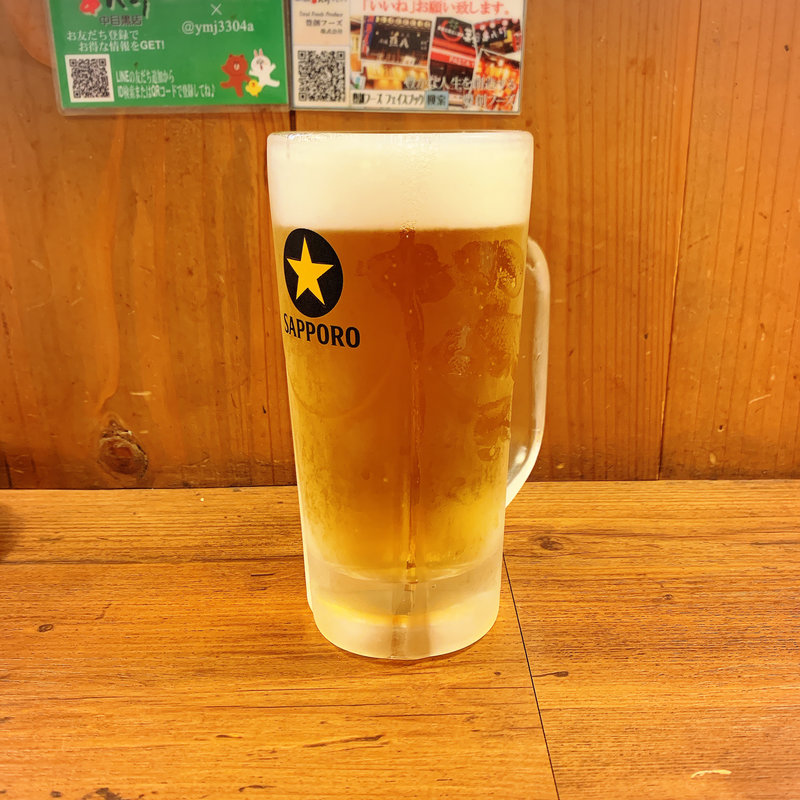 生ビール中ジョッキ(元祖やきとり串八珍中目黒店)