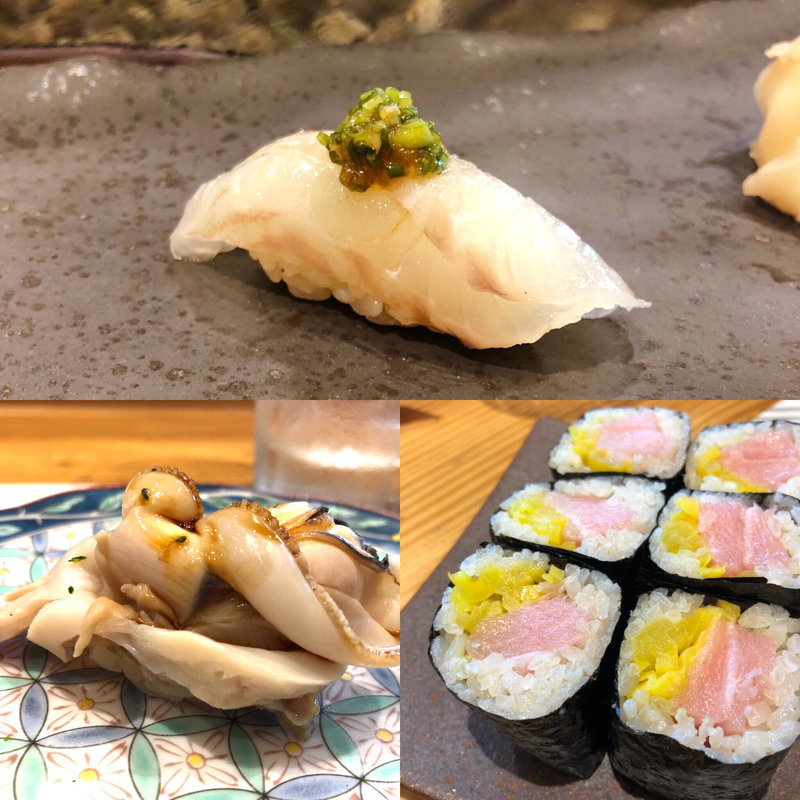 ひらめ、ハマグリ、トロたく(北浜寿し・美夏)