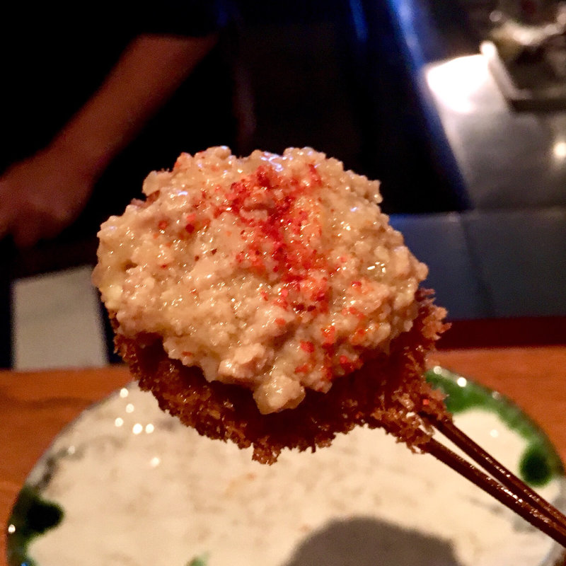 長茄子の肉味噌乗せ（串揚げ）(串揚げ ふくみみ)