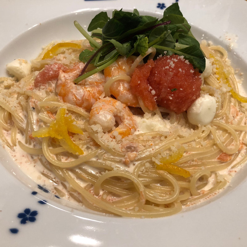 海老とモッツァレラチーズの明太子クリーム(洋麺屋五右衛門 大井町店)