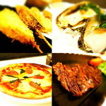 串カツ、ハラミステーキ、生牡蠣、ピザ