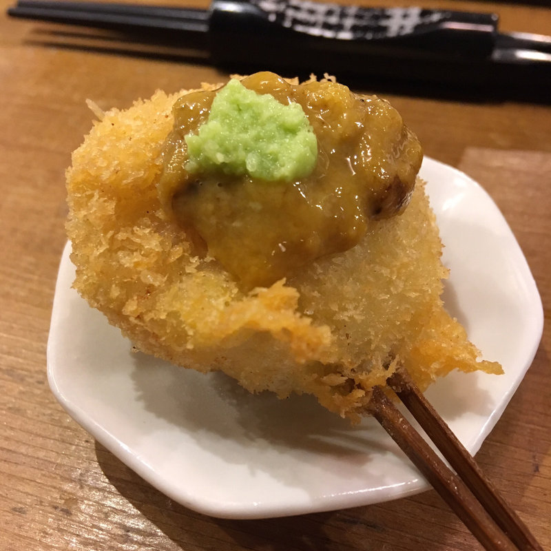 帆立の串揚げとウニと山葵(五感で楽しむ串揚げ屋 生粋namaiki)