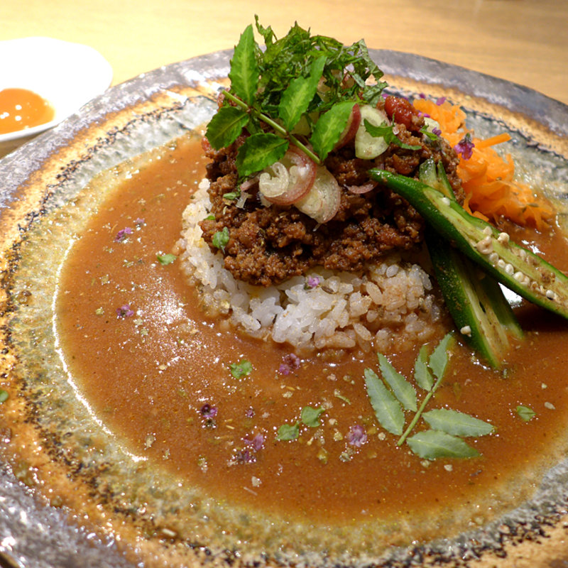 和出汁カレー+無水キーマのあいがけ(龍の卵・こんにゃく煮込み付)(北新地カレー clobe （クローブ）)