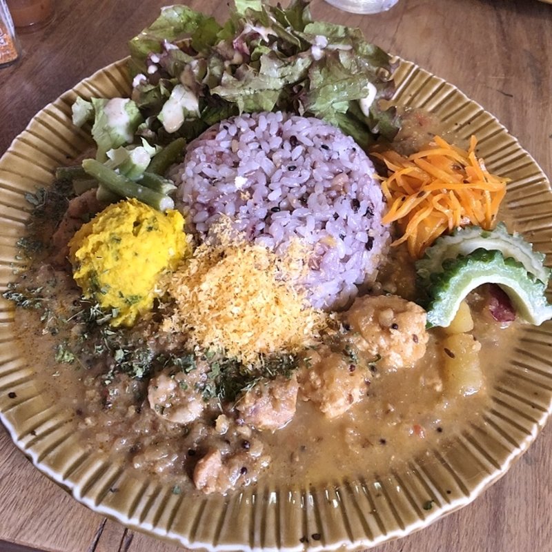 鶏団子とサツマイモのカレーとスパイシーチキンカレーのあいがけ(０７)