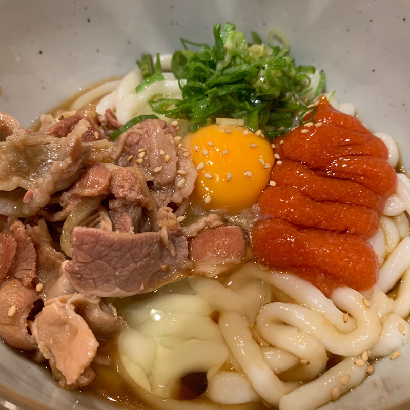 肉釜玉明太うどん(餃子 もつ鍋 鉄板焼肉 うどん 博多どんたく亀戸店)