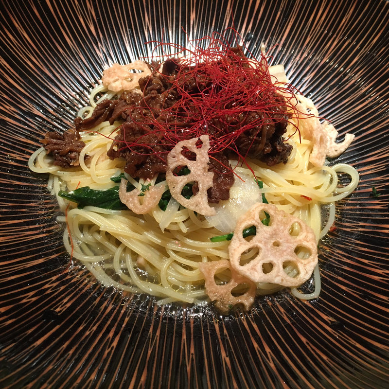 牛しぐれと根菜のおばんざい風甘辛ソース(パスタモーレ 上野 （【旧店名】ノリータ）)