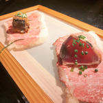 鰹のたたきと秋刀魚の生姜煮のサーロイン肉寿司
