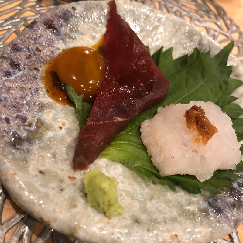 黄身醤油の熟成鮪と鱧(熟成魚と酒.jp 春夏冬)