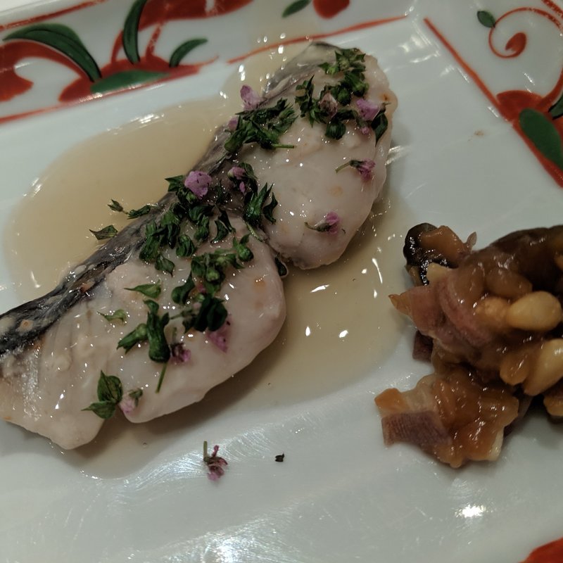 鰆の塩糀焼き　紫蘇の実香る餡　松の実茗荷味噌(三笠会館本店)