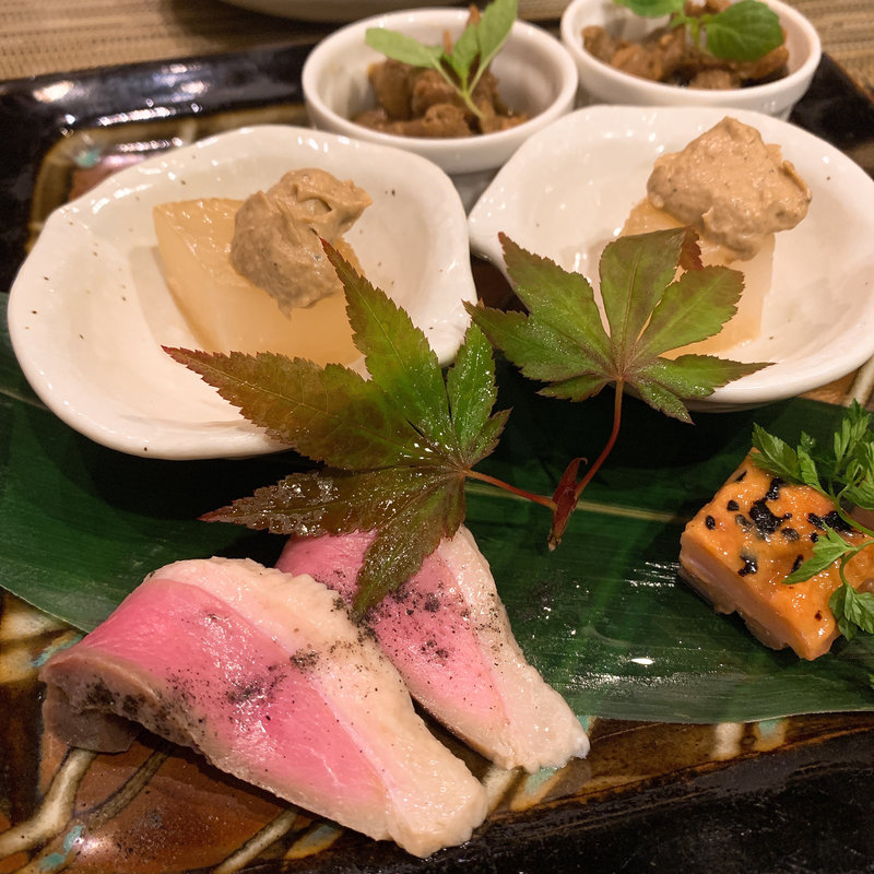 河内鴨の鉄板焼と天ぷら蕎麦のコース 先付(藤乃 )