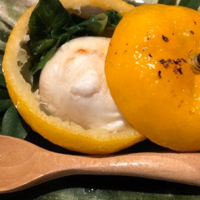 虎河豚の白子、葉わさび、新玉ねぎの西京庵柚子釜焼き(青草窠)