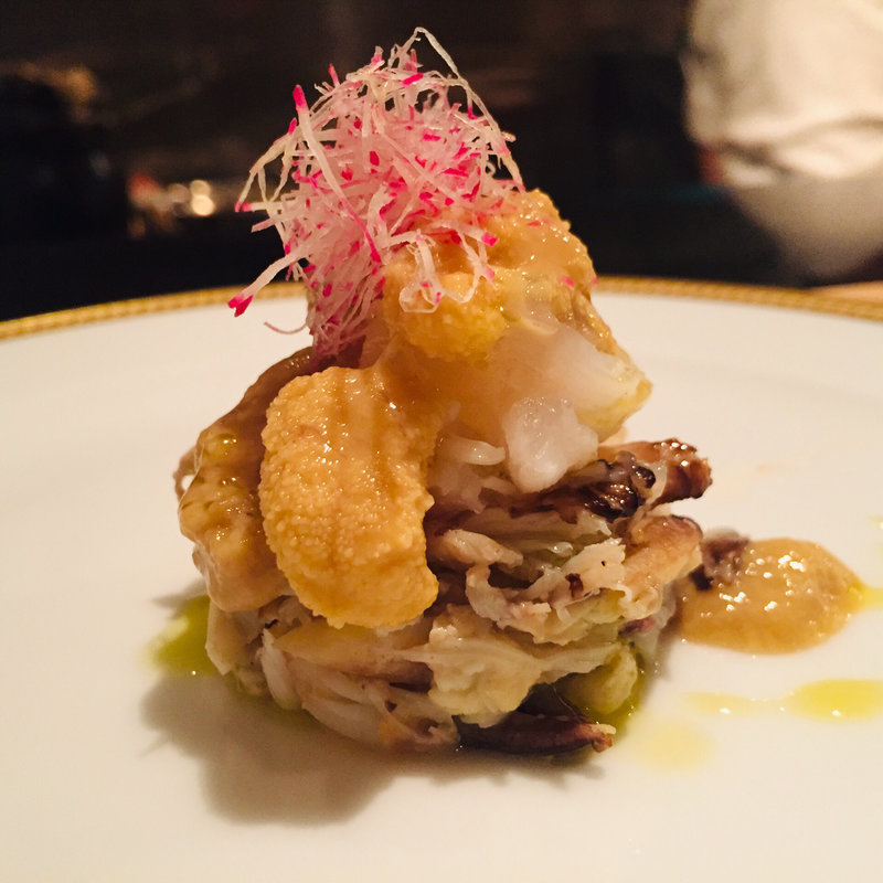 渡蟹と炙り伊勢海老の雲丹乗せ(魚会 )