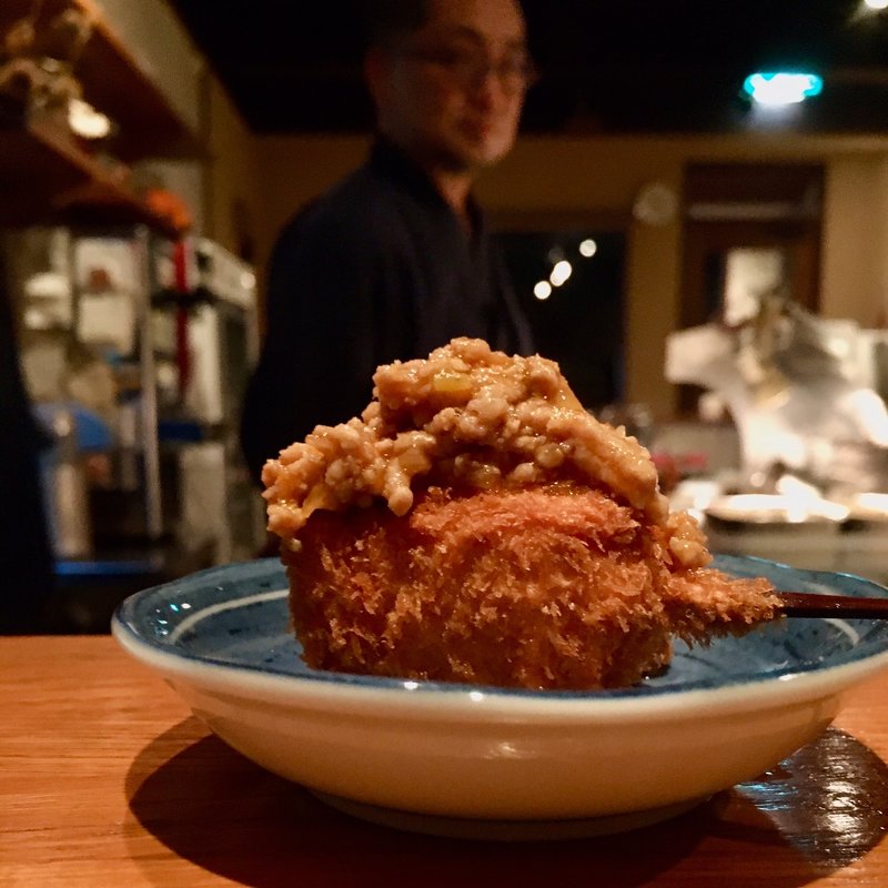 厚揚げ麻婆あんかけ（串揚げ）(串揚げ ふくみみ)