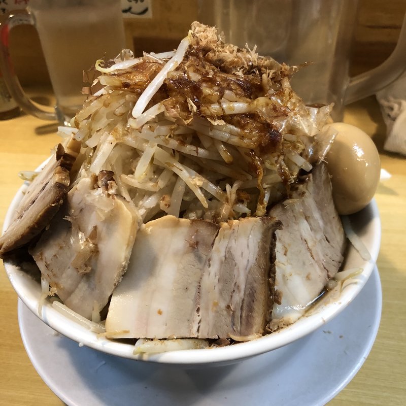 ラーメン小、チャーシュー、野菜増し、カツオばかマシ、カラメちょいマシ(笑福○わ)