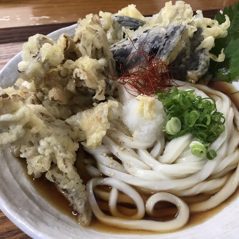 舞茸と茄子の天ぷらぶっかけ　温(自家製うどん　さんたく)
