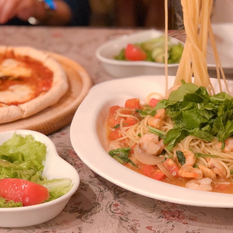 小海老とルッコラのスパゲティ(カフェテラス シャンドール)