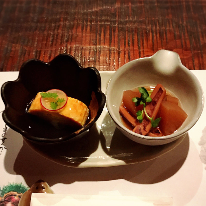 餡掛けだし巻き玉子とイカ大根(花山葵 （はなわさび）)