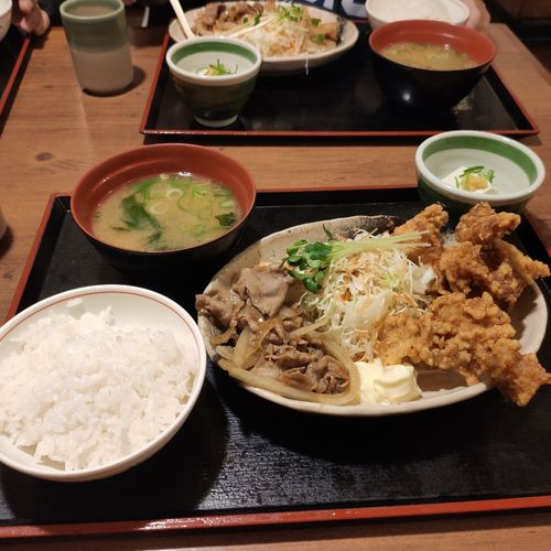 唐揚げ＆豚肩ロース生姜焼き定食(街かど屋 潮見が丘)の口コミ一覧
