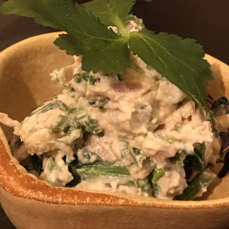 貝柱と菜の花とベーコンの白あえ(月ふたつ)