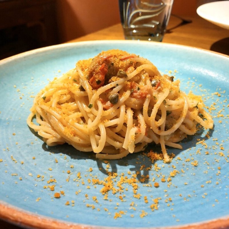 キノコ　ケッパーを入れたタラコのスパゲティ(ortensia)