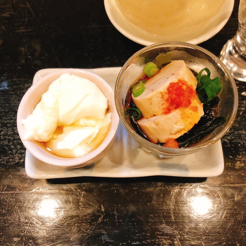 あん肝ポン酢と牛乳プリン？のお通し(食楽 たざわこ)