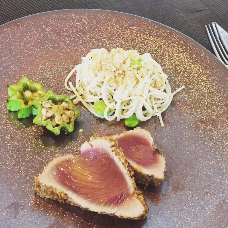 鰹のミキュイ 枝豆と温面(STEREO Kamakura)