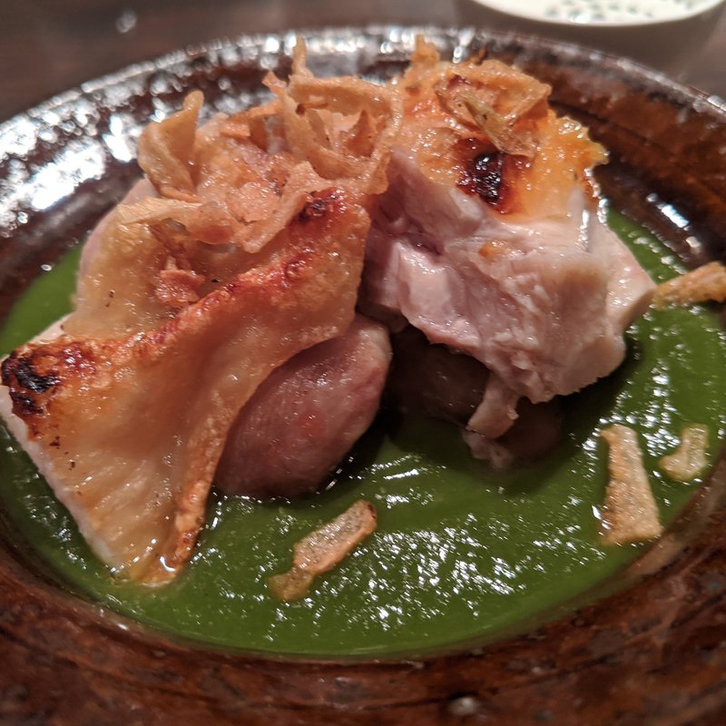 宮崎地鶏、下仁田ネギソース(緒はな)