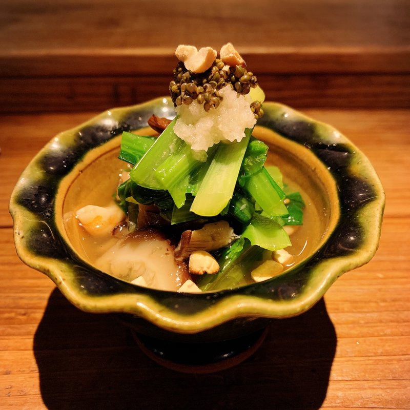 海老と原木きのこ、青菜のお浸し(酒井商会)