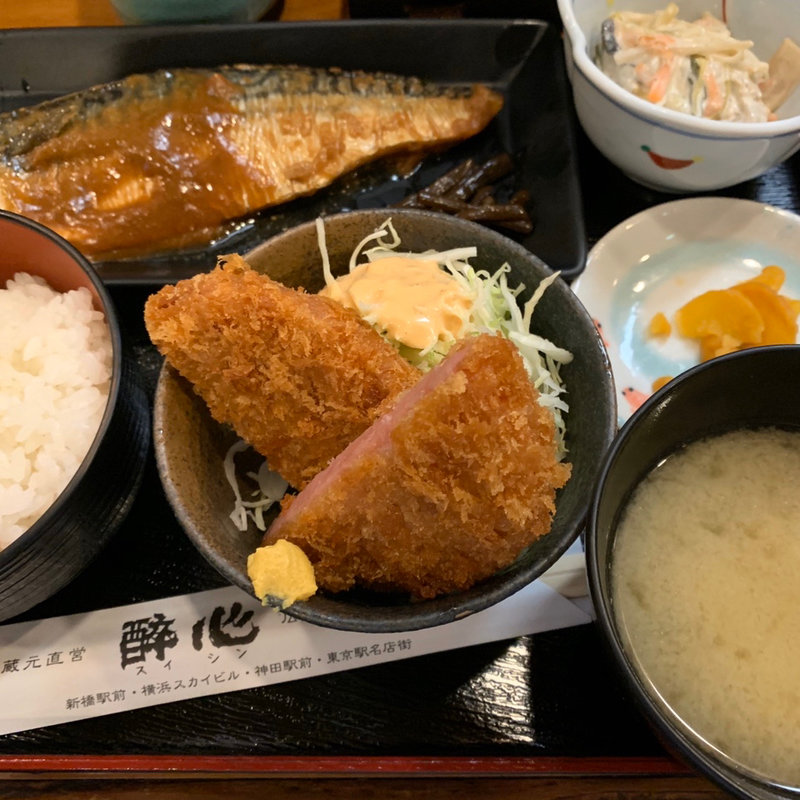 サバ味噌、ハムカツ(酔心酒蔵 新橋駅前店)