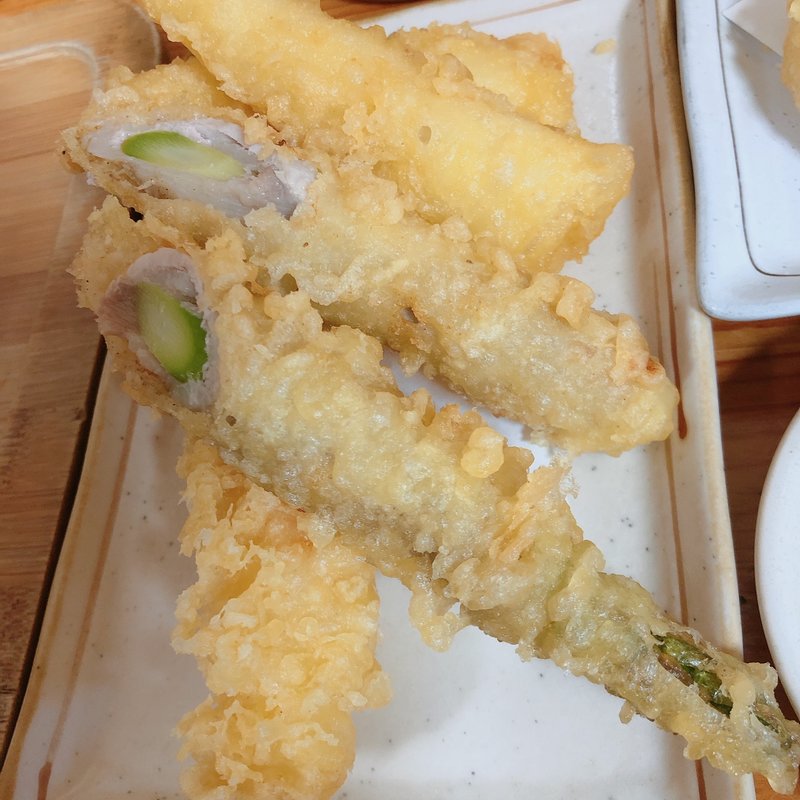 天ぷら三点盛り（エビ・イカ切身・アスパラロース豚巻き）(蓮)