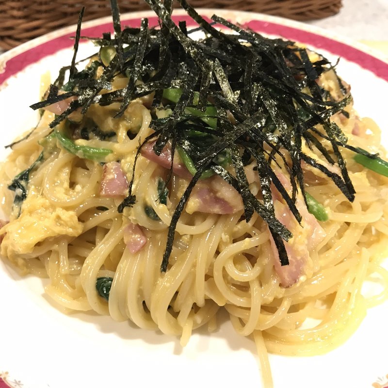 ベーコンとタマゴとホウレンソウのスパゲッティ(ハシヤ)