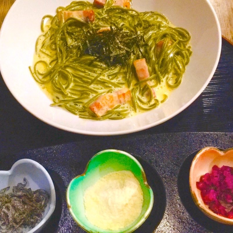 茶そばのカルボナーラ(イクスカフェ 嵐山本店 （eX cafe）)