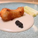 マナガツオのフリット 下仁田ネギのヴィネグレート 海老芋のソース
