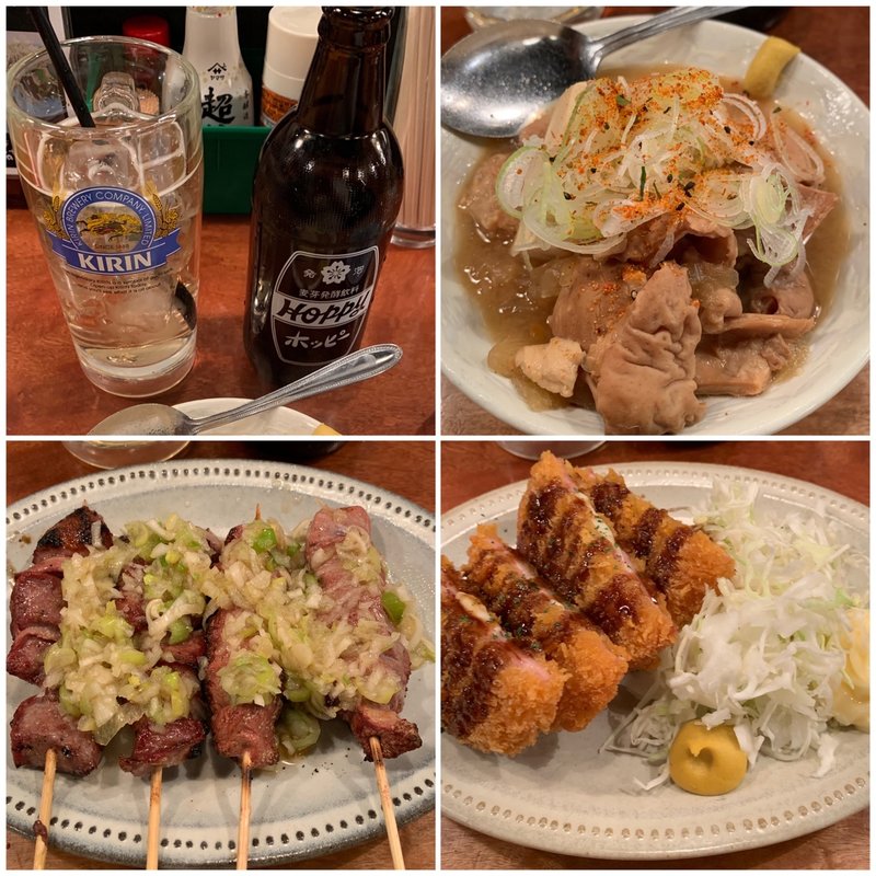 もつ煮&ねぎたん&ねぎレバー&チーズハムカツ&ホッピー(やきとん ひなた 池袋東口店)