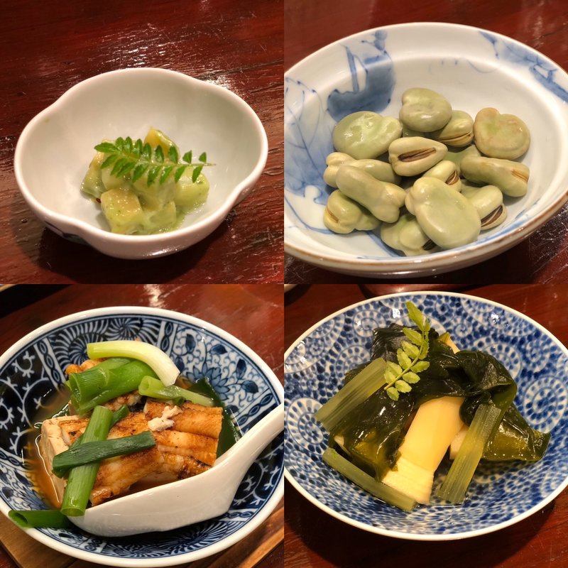 若竹煮 そら豆 鰻豆腐 竹の子お通し(上かん屋 久佐久 法善寺 （じょうかんや きゅうさく）)