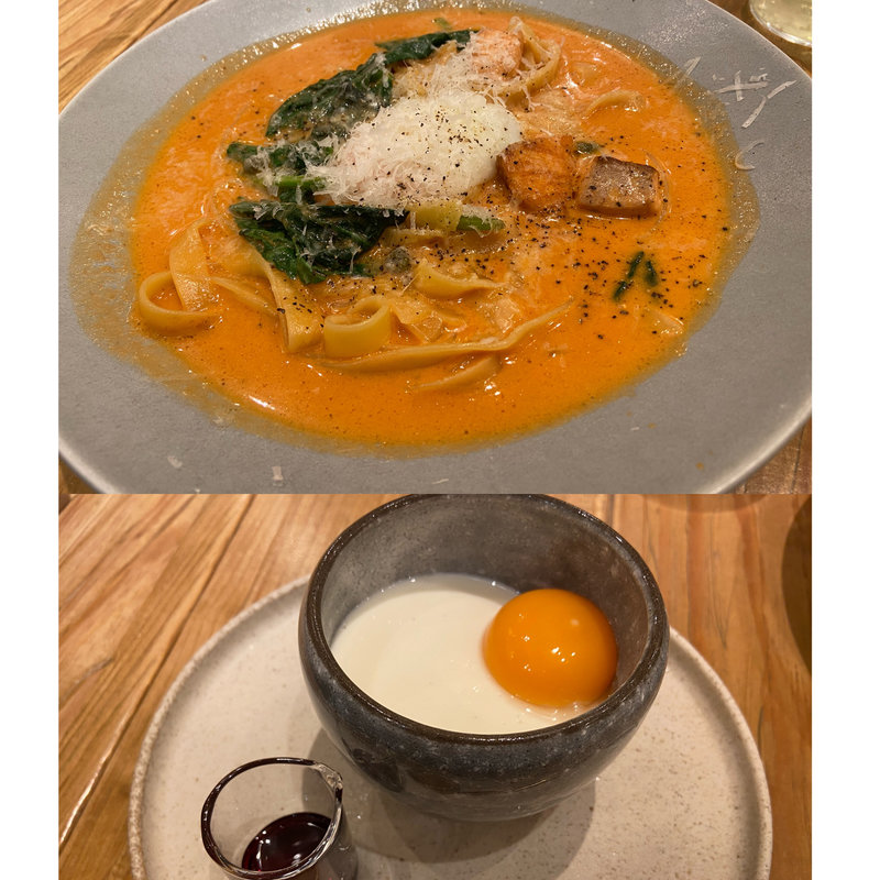  半熟に仕上げた北坂さくらたまごとスモークサーモンとほうれん草のトマトクリーム　カルボナーラ風(島パスタ MIKE)