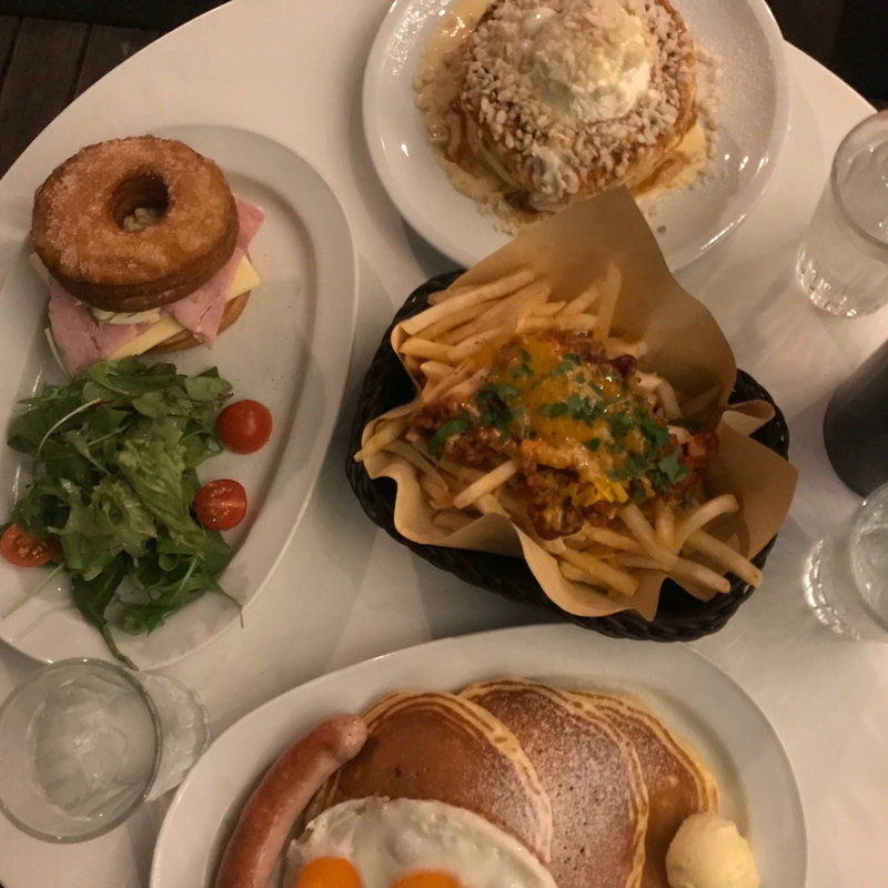 Buttermilk pancakes with sausage and fried eggs(crisscross)