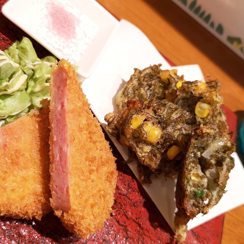 スパムカツ・もずくのかき揚げ(Aticoco)