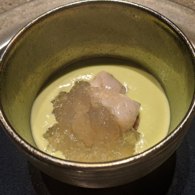 グリーンピースすりながし、真鯛、ホタテ(ete)